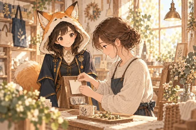 レイと利用者が店頭の案内を一つ変え、小さく試す様子