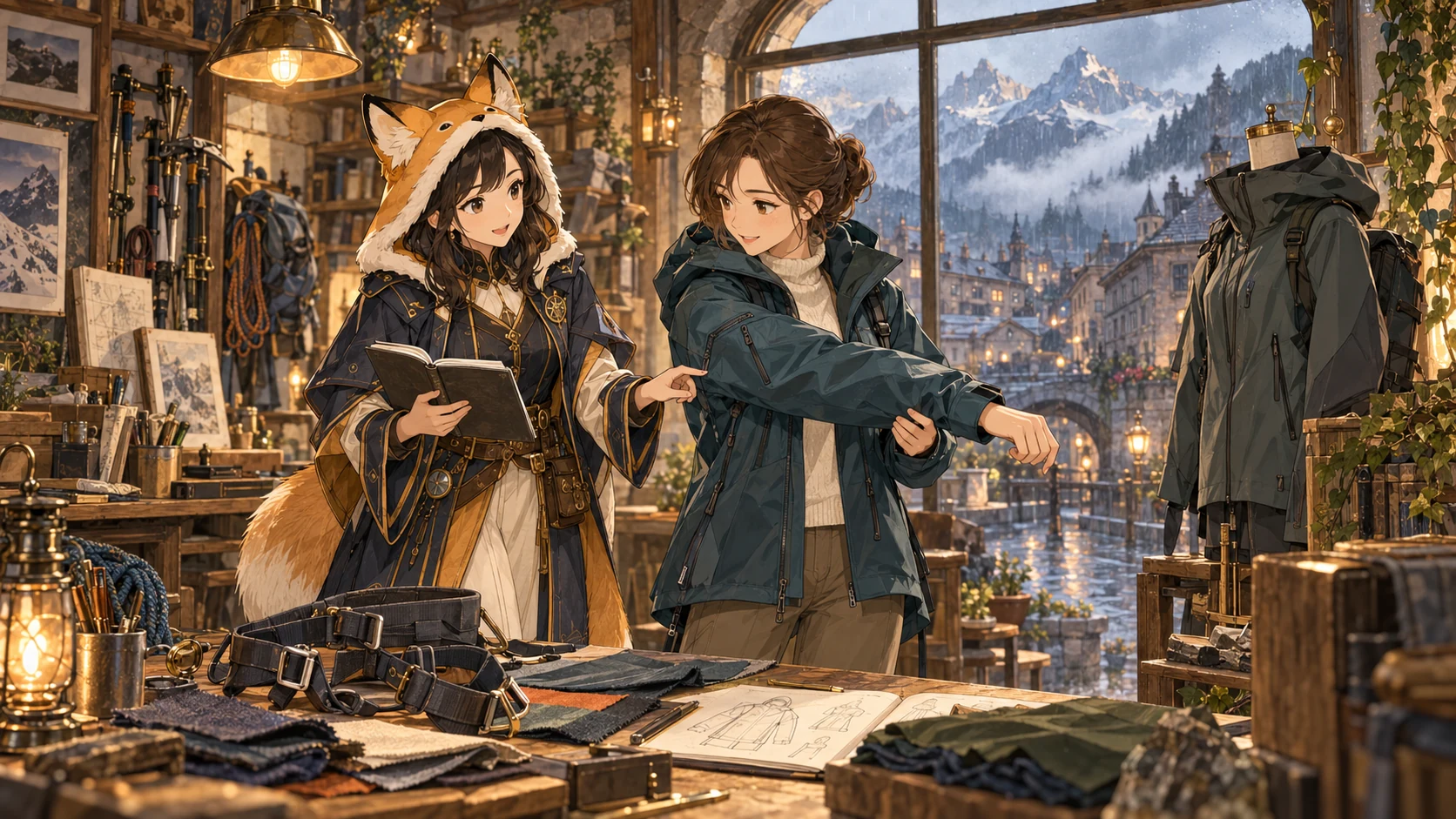 山並みが見える店内で、二人がArc'teryxの高機能ジャケットを検討するイラスト