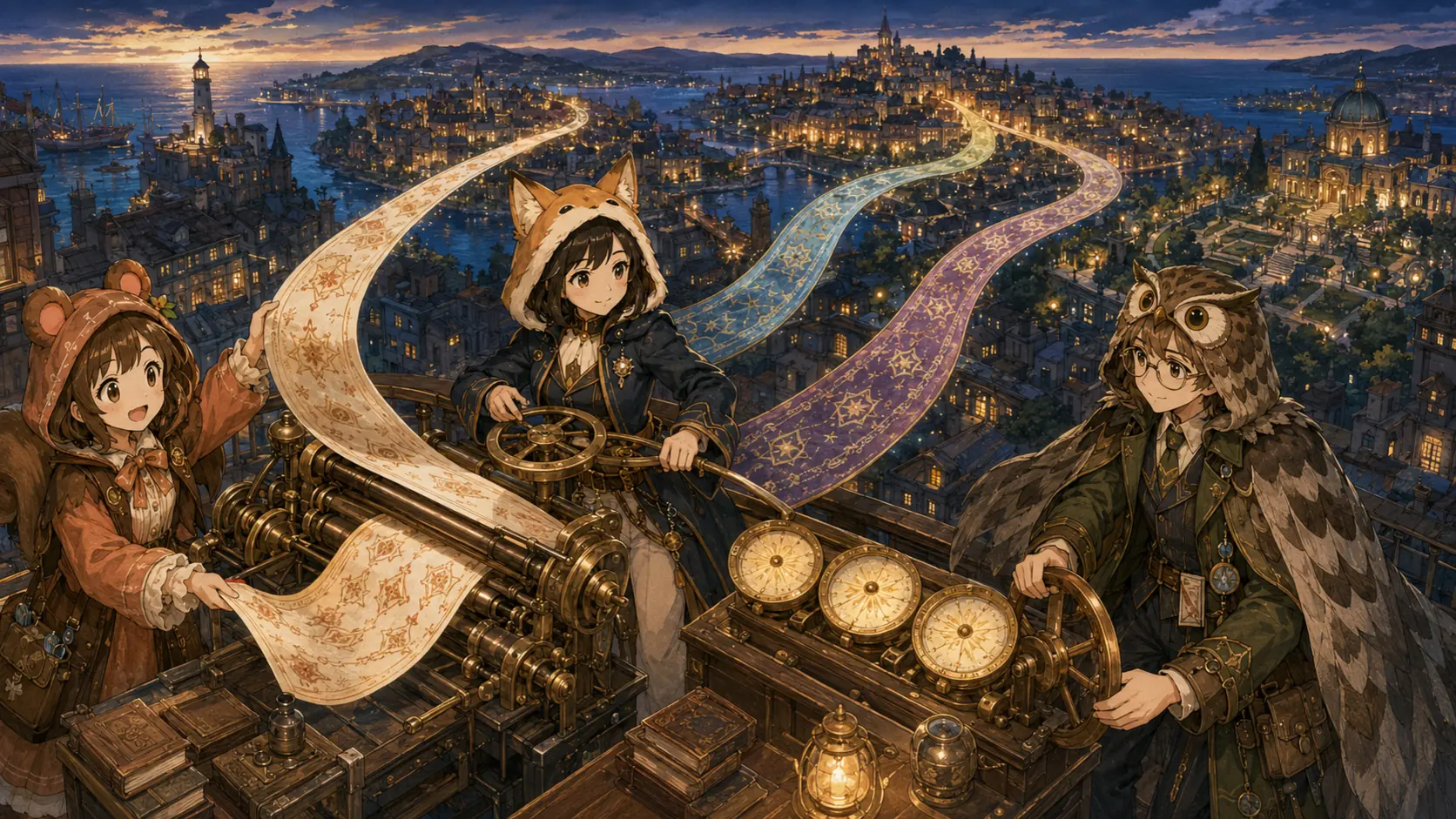 夜の街を見下ろしながら、三人のBASキャラクターが離れた場所を結ぶ三本の物語の帯を編んでいる風景