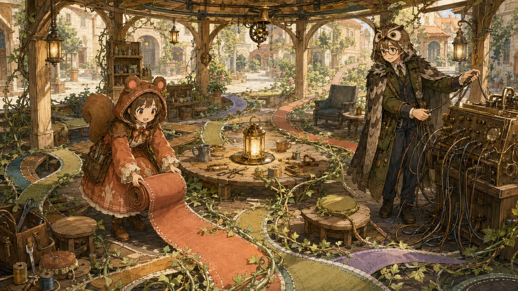 広場の工房で、二人のBASキャラクターが複数の色の道を布と機械でつなぎ、共同体の設計を検討している風景
