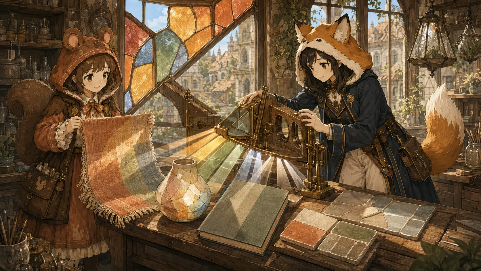 レイが、色や形の表れ方を見比べるイラスト