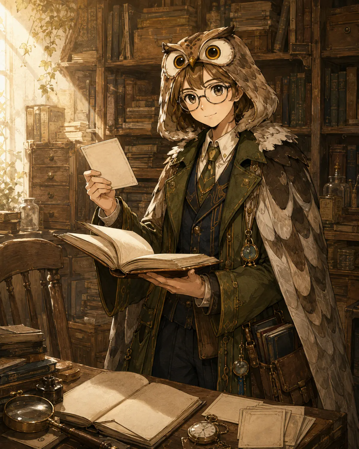古書庫で、丸眼鏡とフクロウのフードを身につけたドクターが古書と白紙資料を照合する様子