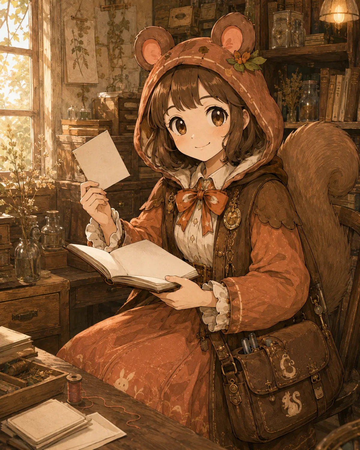 暖かな研究工房の窓辺で、リスのフードをかぶったミアが白紙カードとノートを手に言葉を拾う様子