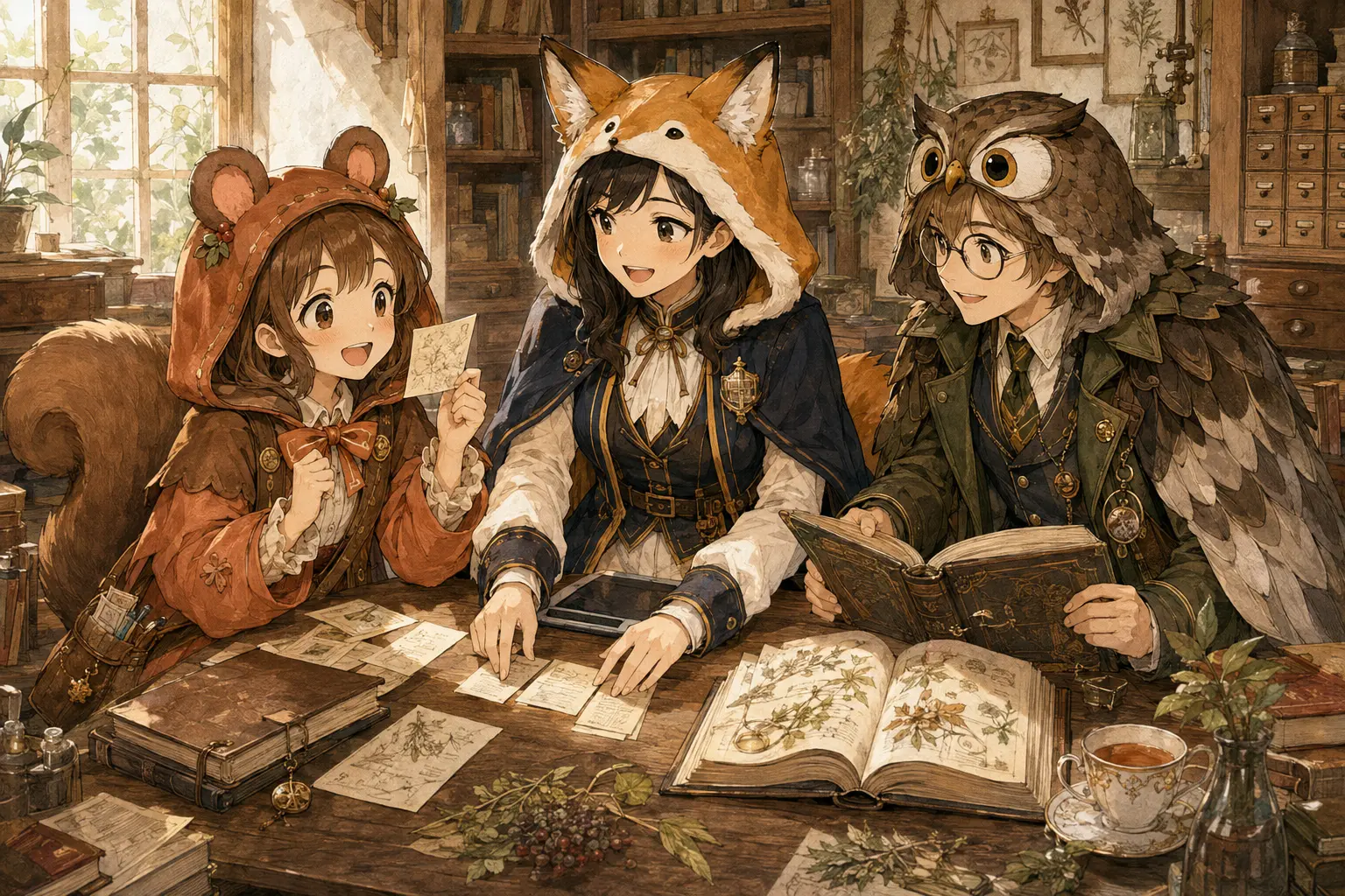 昼のBAS工房で、ミアが見つけた手がかりを囲み、レイとドクターが楽しそうに話す様子