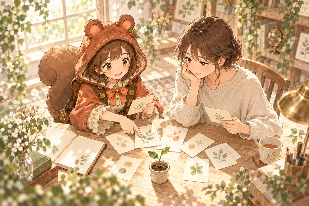 ミアと利用者が経験のカードを並べ、会話から強みの手がかりを整理するイラスト