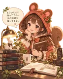 ミアが本に囲まれながら、次の物語を探して待っているイラスト